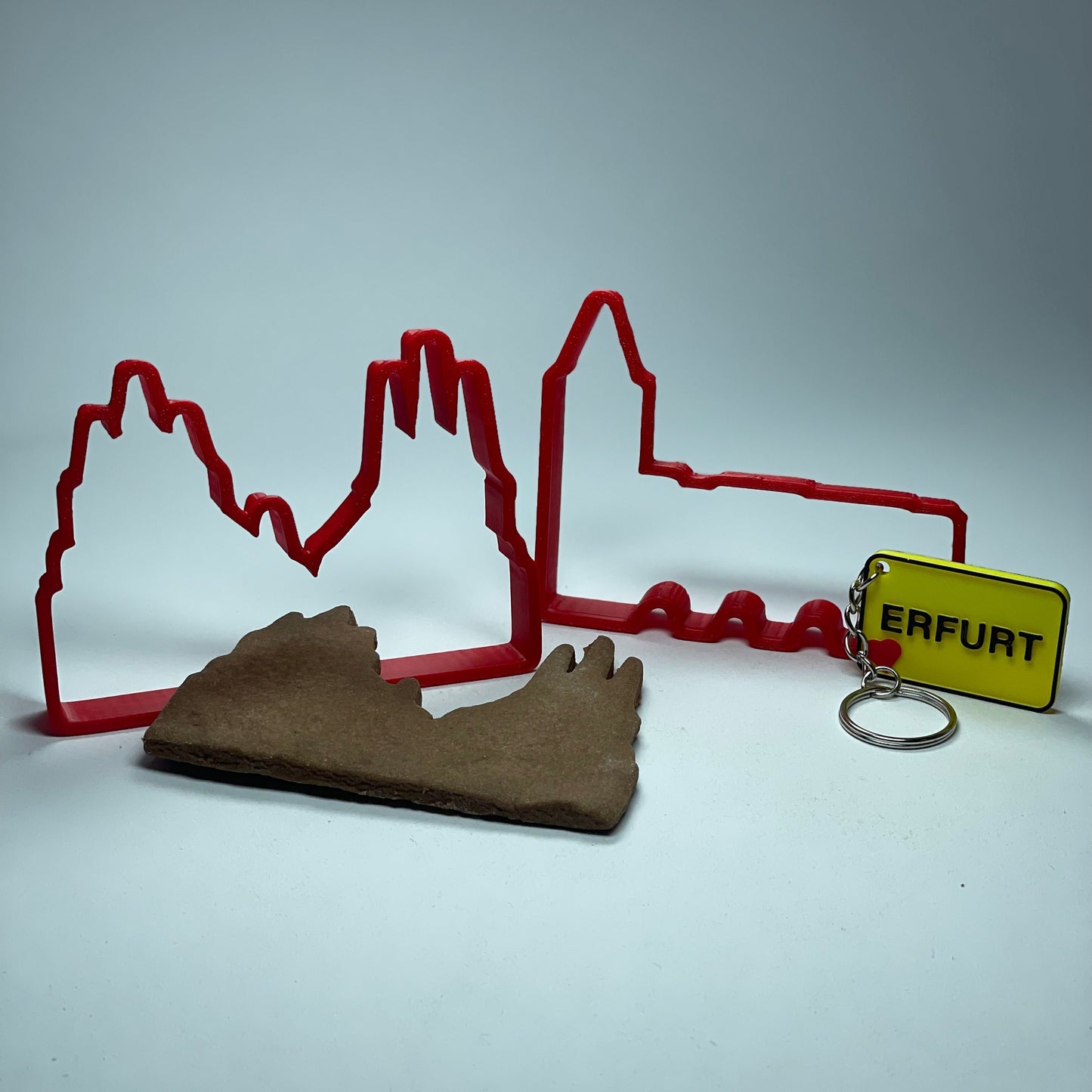 Erfurter Domensemble als langlebige Plätzchen-Ausstechform, spülmaschinenfest und aus lebensmittelechtem 3D-Druck-Material gefertigt, ideal für Weihnachtsplätzchen mit persönlicher Erfurt-Note.