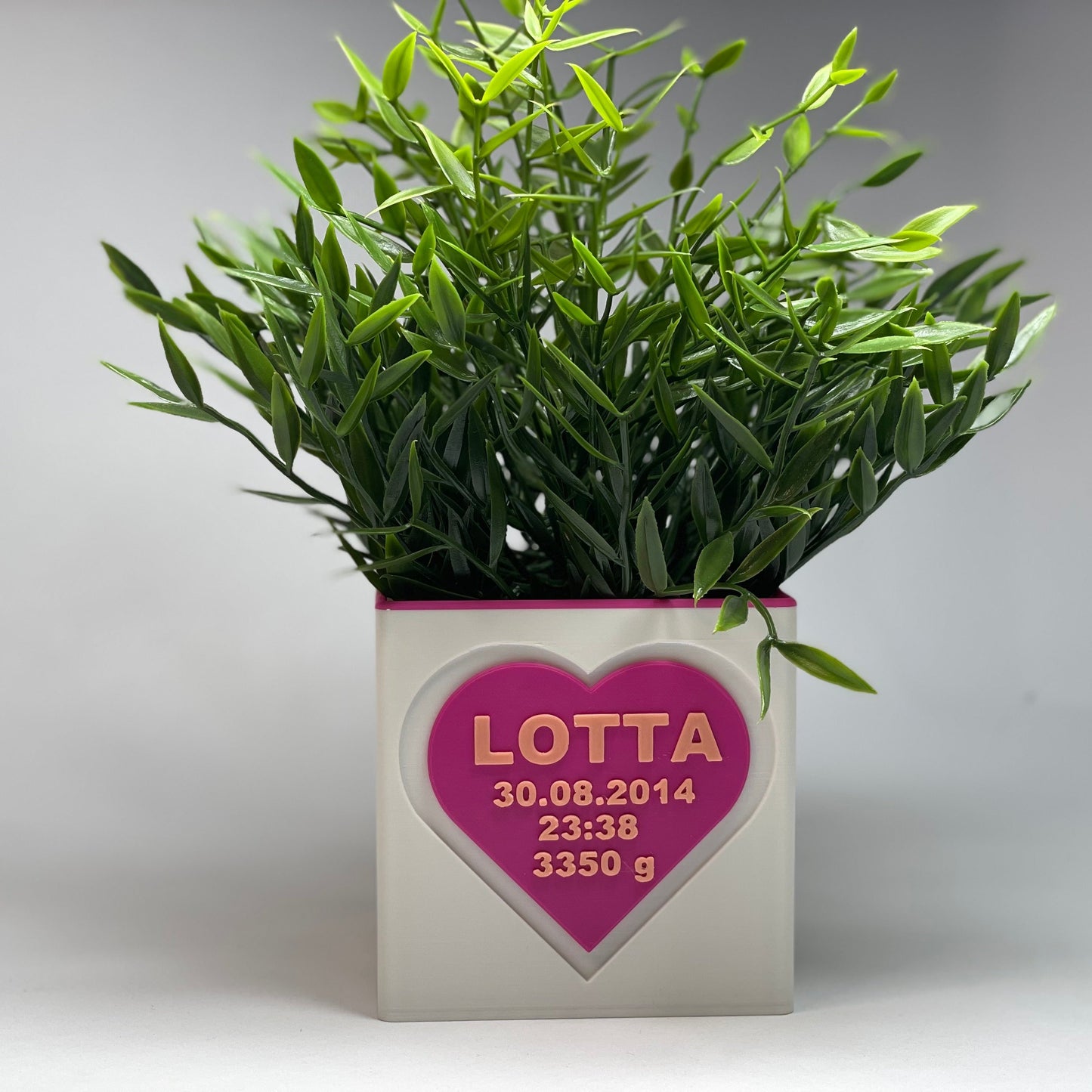 Die ideale Geschenkidee zur Geburt: Blumen-Vase von KINIMOD3D mit persönlichen Baby-Daten. Mit integriertem Gutscheinfach für liebevolle Glückwünsche. Perfektes Baby-Geschenk für unvergessliche Momente.