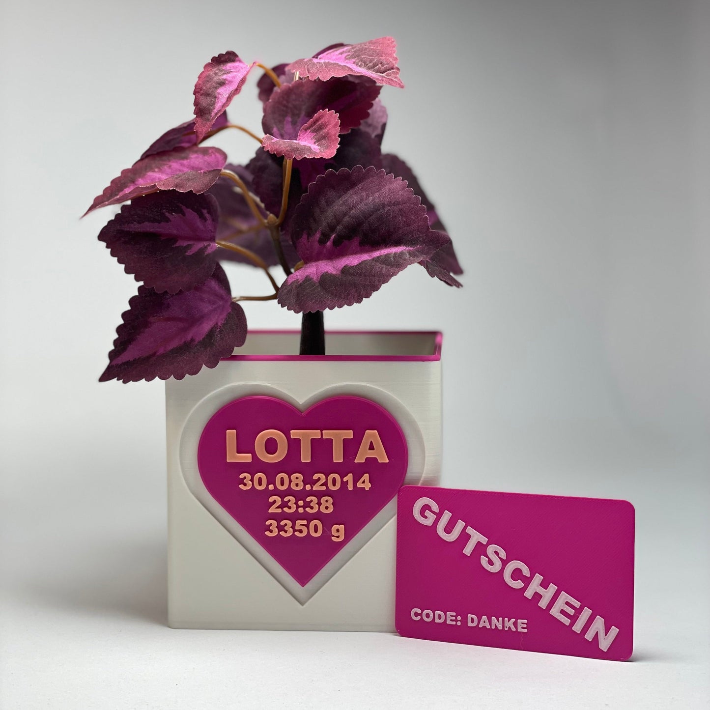 Hurra, ein Baby ist geboren! Die personalisierte Blumen-Vase von KINIMOD3D mit Baby-Daten bietet das perfekte Geschenk zur Geburt. Inklusive Gutschein-Schacht für liebevolle Nachrichten oder Grußkarten.