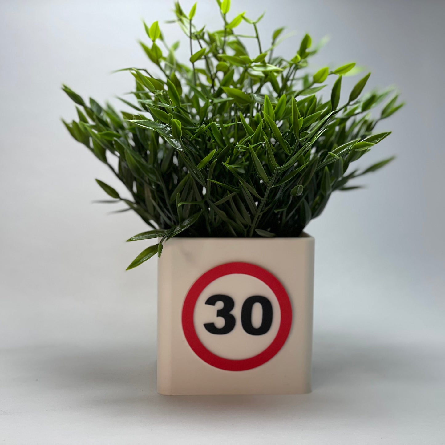 Vorderansicht der stilvollen pinken Vase mit einem besonderen Gutschein-Schlitz. Diese 3D-gedruckte Vase ist das ideale personalisierte Geschenk zum 30. Geburtstag, um einen besonderen Menschen zu feiern und Freude zu bringen.