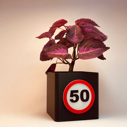 3D-gedruckte Vase mit Zahl 50 für den runden Geburtstag – Nachhaltige Vase aus umweltfreundlichem PLA, ideal als stilvolle Deko oder Geschenkidee für den 50. Geburtstag. Integrierter Schlitz für Gutscheine oder Grußkarten. #50Geburtstag #PLA #Geschenkideen.