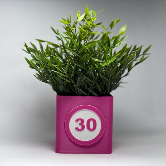 Detailaufnahme der einzigartigen pinken Vase, 3D-gedruckt mit persönlicher Jahreszahl und einem Gutschein-Schlitz. Perfekt als kreatives und individuelles Geburtstagsgeschenk zum 30. Geburtstag für besondere Anlässe.