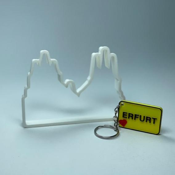Erfurter Schlüsselanhänger mit Krämerbrücke als Motiv, langlebig, robust und handgefertigt in Deutschland, mit NFC-Tag für Google-Earth-Links, ideal als Souvenir oder für die persönliche Nutzung.