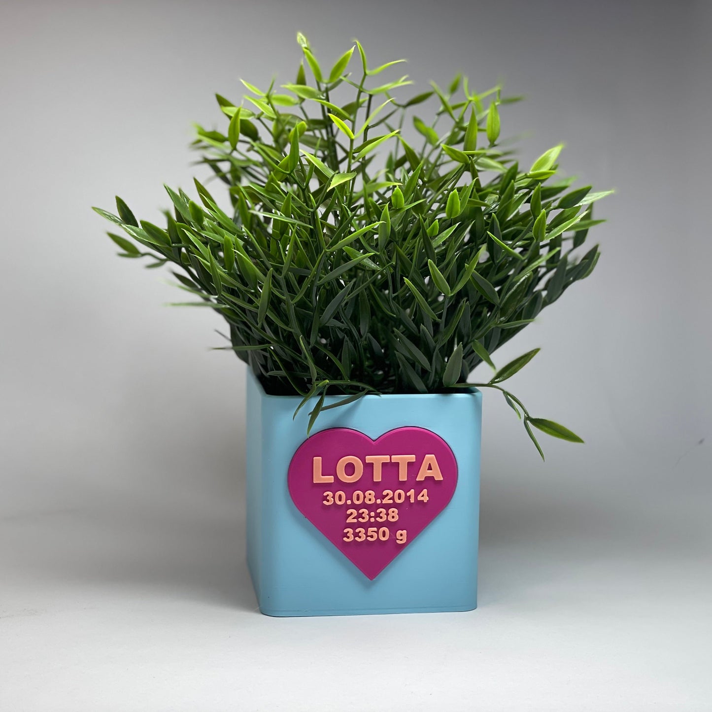 Ein besonderes Geburtsgeschenk: Blumen-Vase von KINIMOD3D mit den personalisierten Baby-Daten. Perfekt für junge Eltern, inklusive Gutschein-Schacht für Glückwünsche. Ein einzigartiges Andenken zur Geburt.
