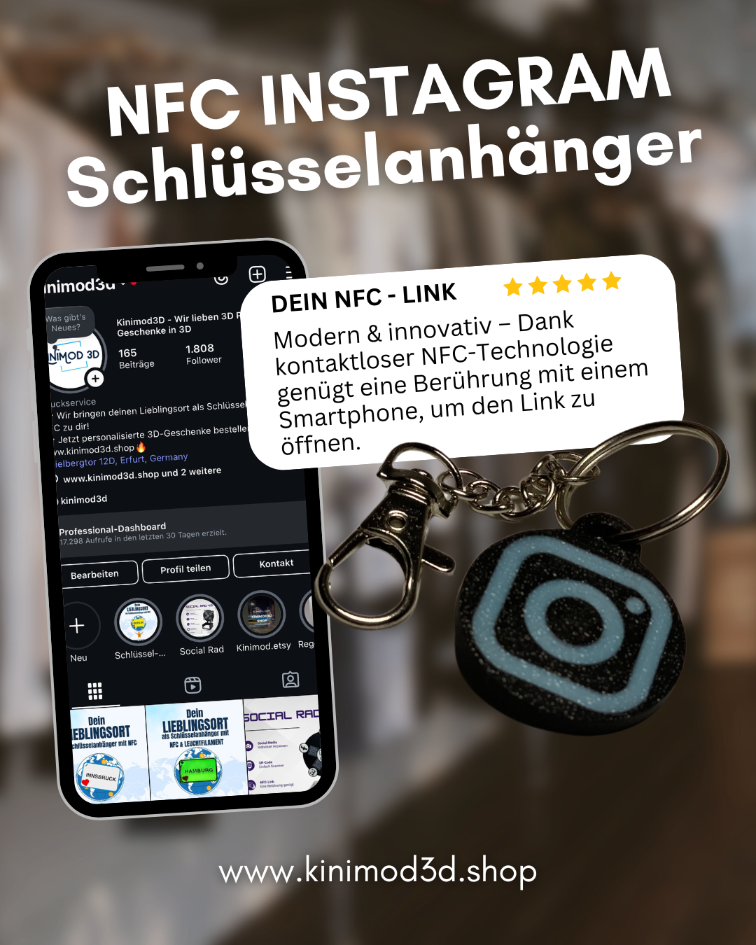 NFC-Schlüsselanhänger für Instagram – einfach ans Smartphone halten und direkt zu deinem Insta-Profil weiterleiten! Perfekt für Influencer, Unternehmen & Creator. Stilvolles Design, umweltfreundlich mit 3D-Druck aus PLA hergestellt.