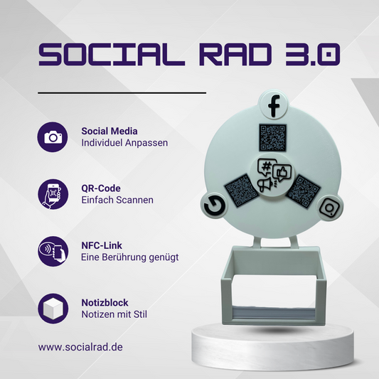 SocialRad 3.0 mit individuell wählbaren Social-Media-Icons für Instagram, Facebook und LinkedIn.